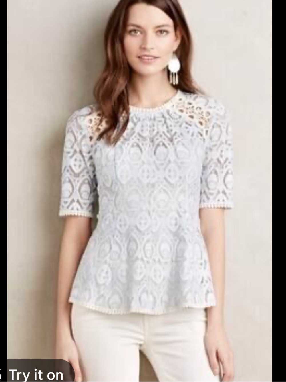 HD in Paris Light Blue Patterned Short-Sleeve Top with Cream Lace Trim